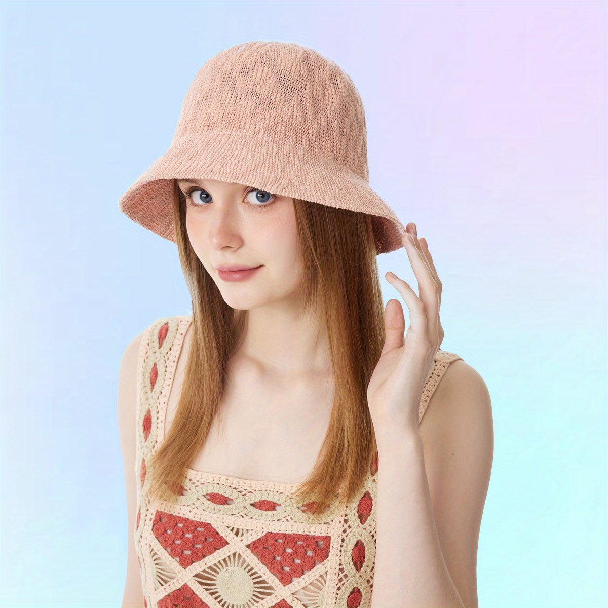 Pink Knitted Bucket Hat Thin Breathable Classic Cloche Hats