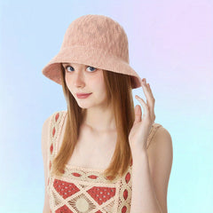 Pink Knitted Bucket Hat Thin Breathable Classic Cloche Hats