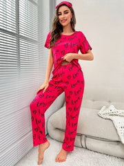 Letters Love Print Pajamas Set Short Sleeve Top & Long Pants Women's Loungewear