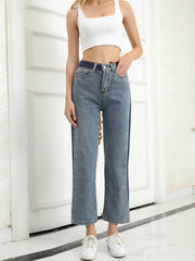 High Waist Side Panel Straight Jeans Loose Fit Denim Pants