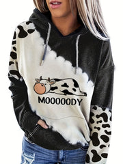 Cow & Letter Print Hoodies Casual Drawstring Kangaroo Pocket
