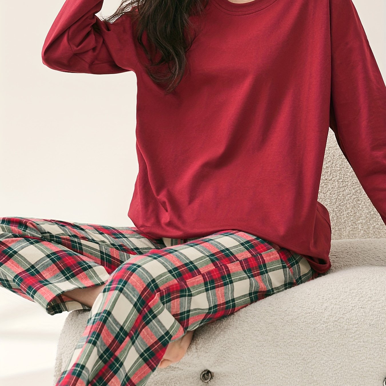 Plaid Print Pajama Set Long Sleeve Top & Plaid Pants