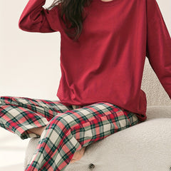 Plaid Print Pajama Set Long Sleeve Top & Plaid Pants