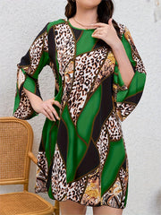 Colorblock Leopard Print Bell Sleeve Round Neck Casual Dress