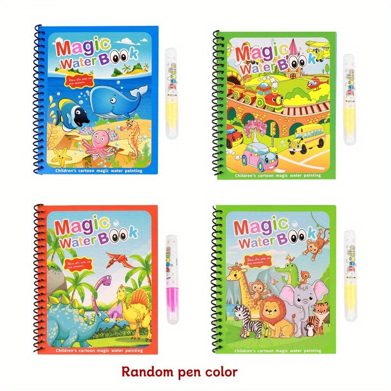 4pcs Reusable Watercolor Book Set with Pens Animal and Marine Life Themes