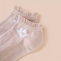 5 Pairs Floral Print Ankle Socks Ruffle Trim No Show Stockings