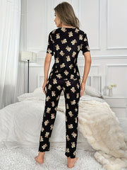 Bear Print Pajama Set Short Sleeve Crew Neck Top & Elastic Waistband Pants