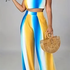 Women's Ombre Print Tie Back Crop Cami Top & Wide Leg Pants Set