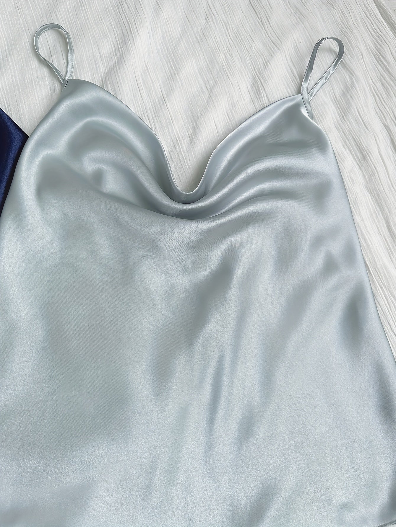 Solid Satin Pajama Set Draped Collar Cami Top & Shorts