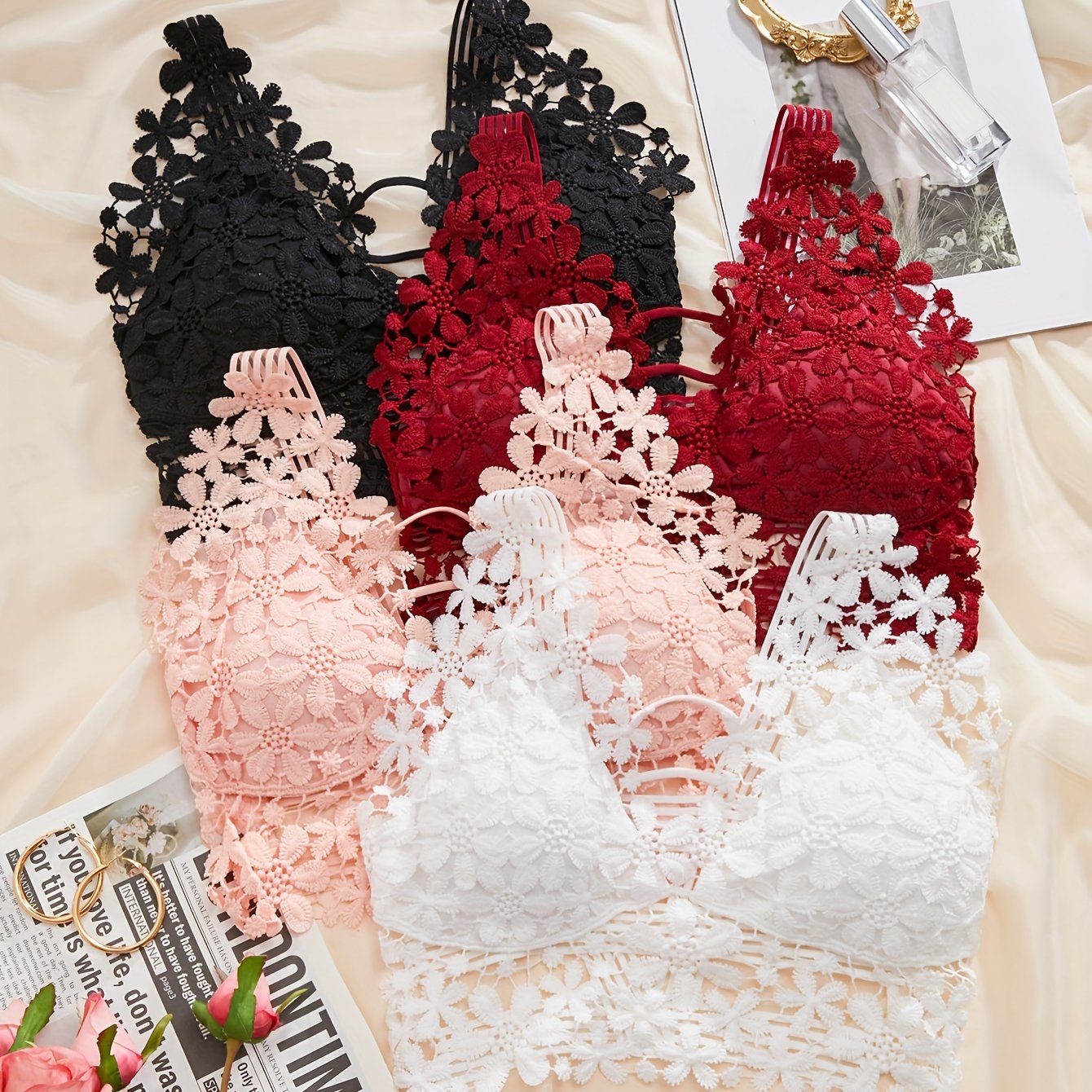 4pcs Lace Cut Out Wireless Bras Women's Lingerie