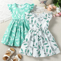 2pcs Toddler Girls Ruffle Trim Leaf Graphic Dress for Party Beach Vacation