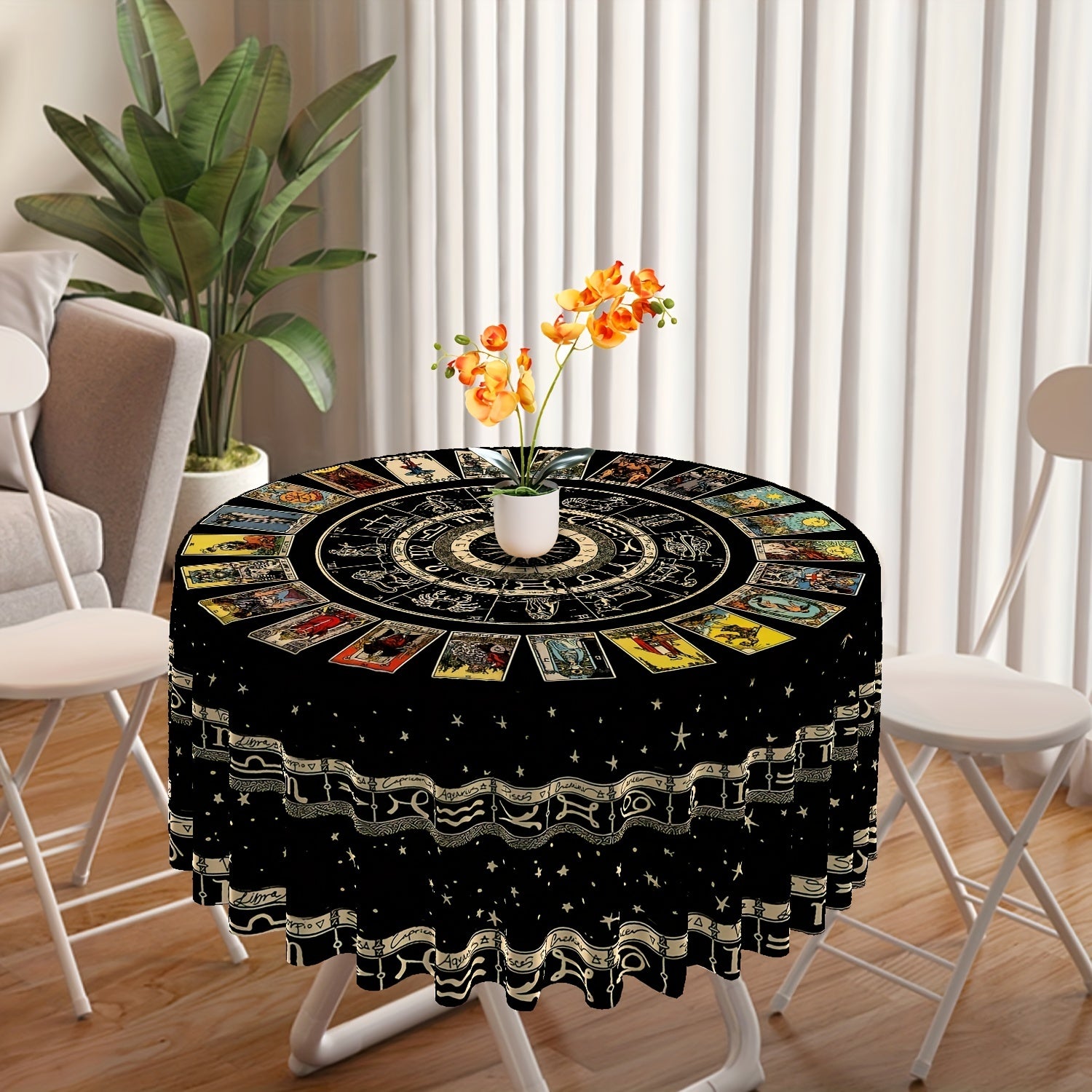 Tarot Round Tablecloth 63 Inch Boho Table Cloth Divination Tarot Pattern