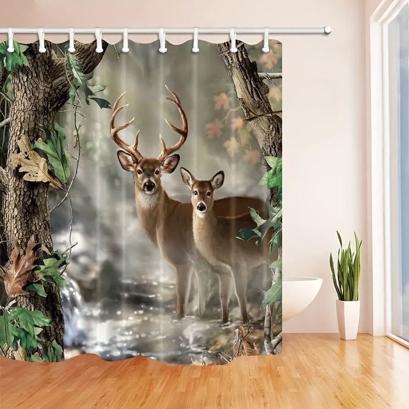 Wildlife Deer Shower Curtain Foggy Forest Elk Animal Shower Curtain