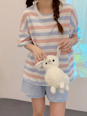 Striped Pajama Set Crew Neck Top & Shorts Women's Sleepwear & Loungewear