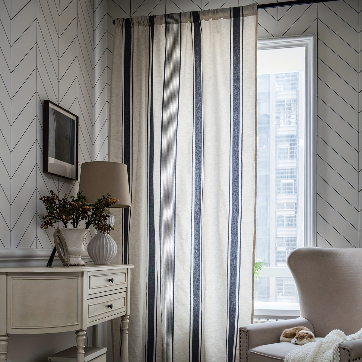 Stripe Navy Kitchen Curtain Half Blackout Cotton Linen Curtain