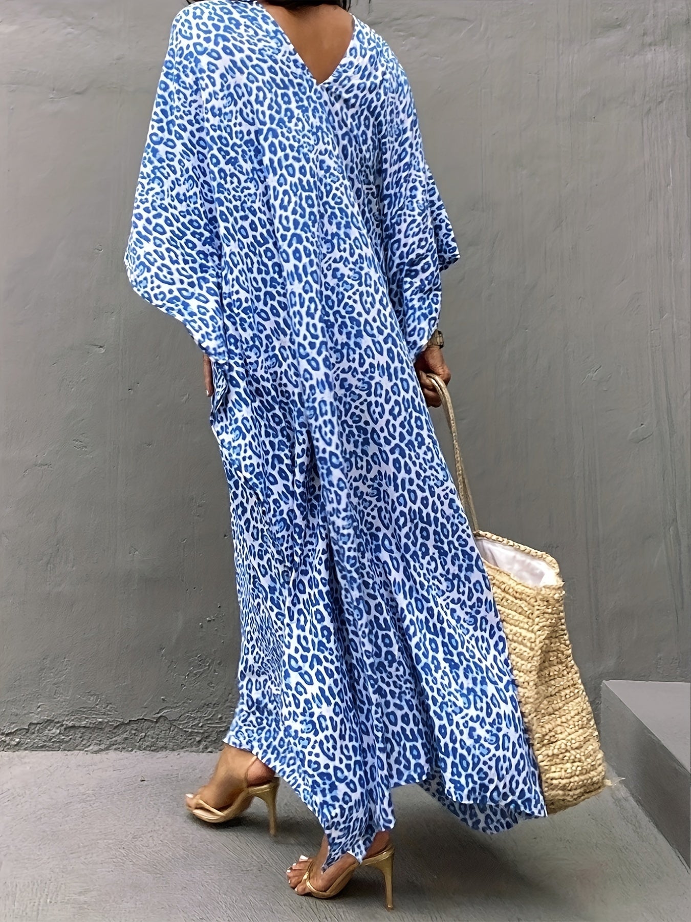 Leopard Print V Neck Split Thigh Kaftan Batwing Half Sleeve Kimono Cover Up
