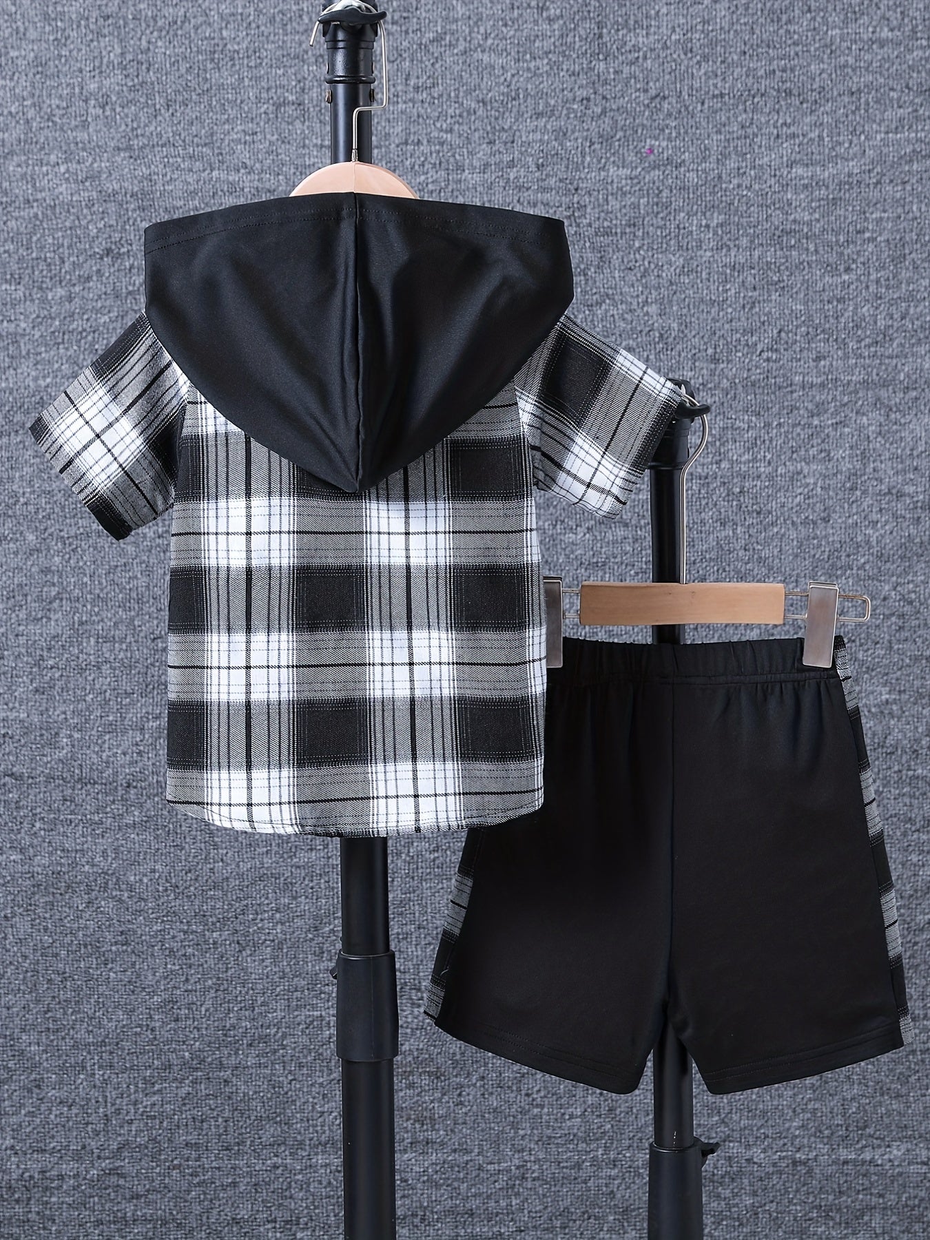 Boy's 2pcs Hooded Shirt & Shorts Set Plaid Print Casual Outfits Kids Clothes