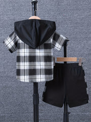 Boy's 2pcs Hooded Shirt & Shorts Set Plaid Print Casual Outfits Kids Clothes