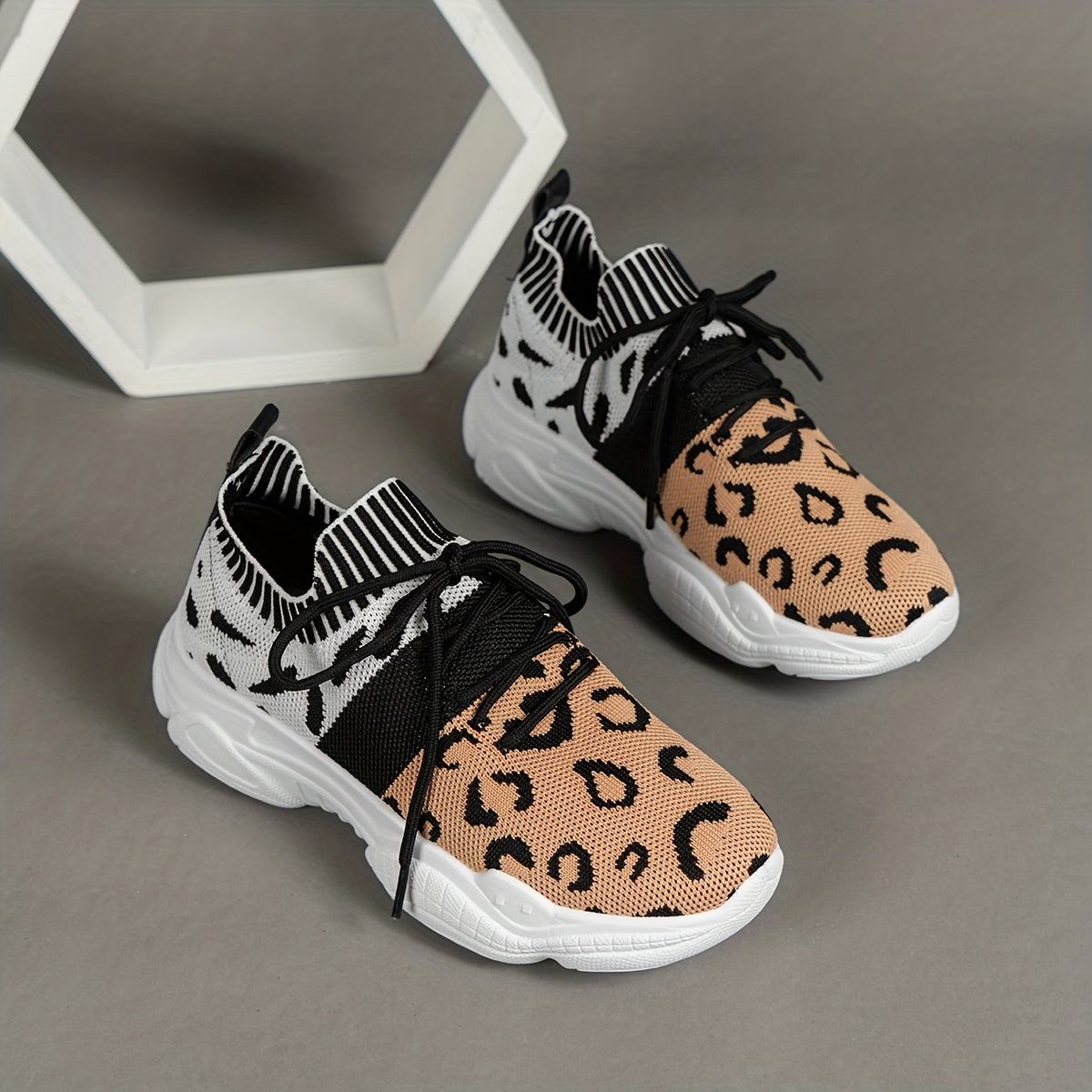 Leopard Print Platform Sneakers Knit Lace Up Outdoor Shoes