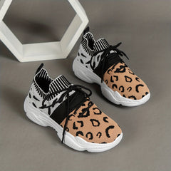 Leopard Print Platform Sneakers Knit Lace Up Outdoor Shoes