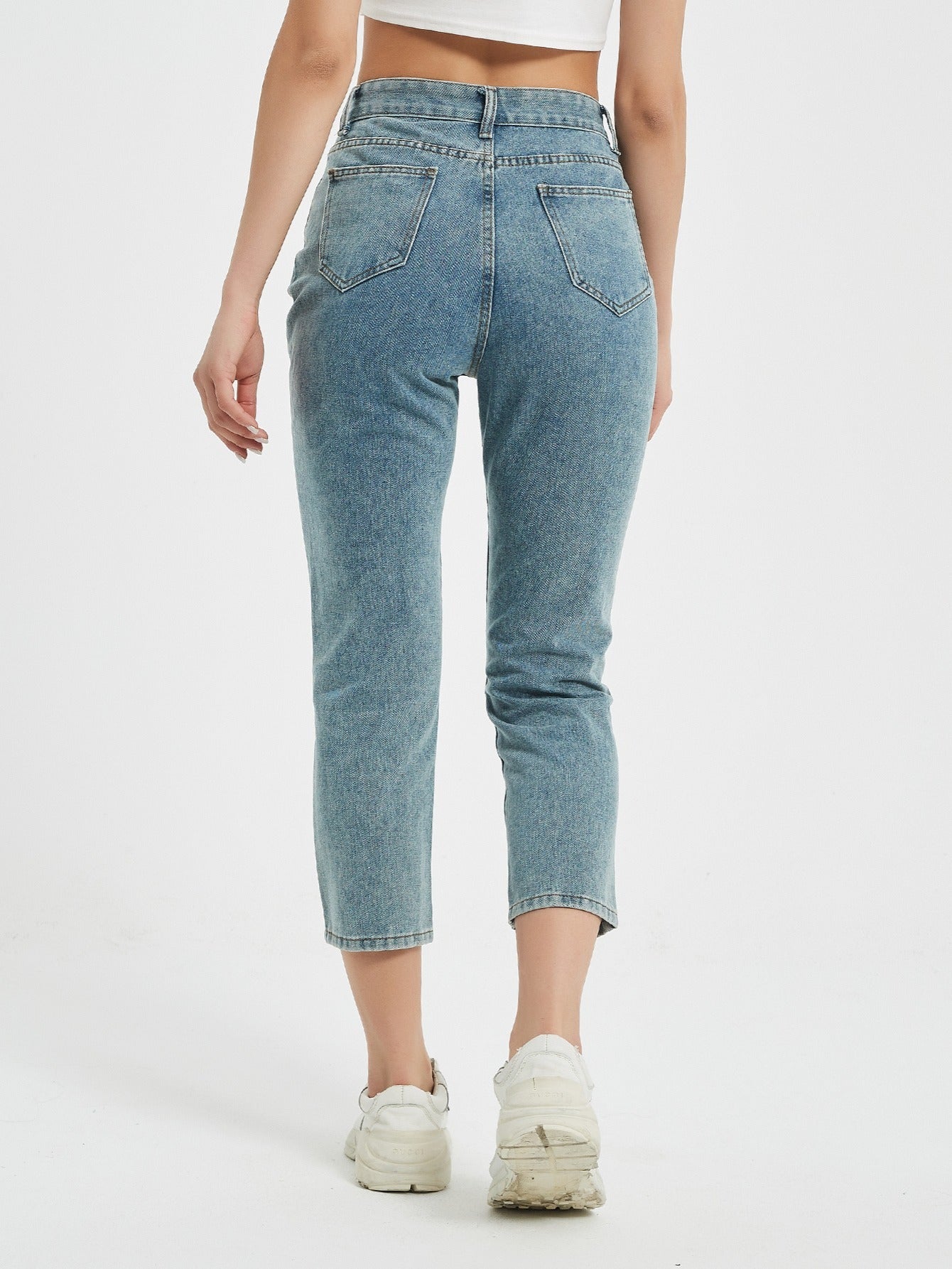 High Waist Distressed Cropped Jeans