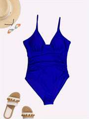 Solid Ruched V Neck One Piece Bathing Suit