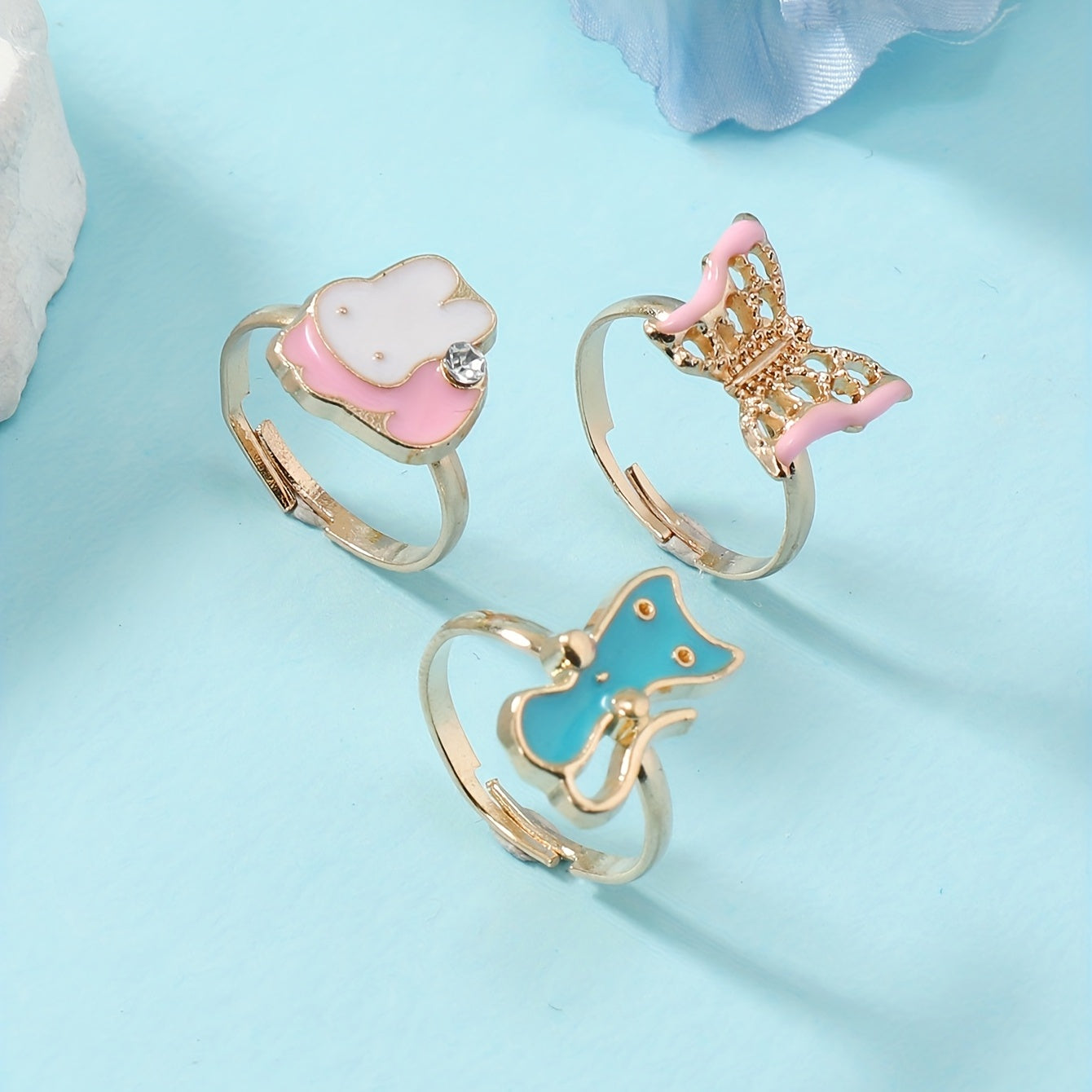 3pcs Girls Alloy Cartoon Rabbit Butterfly Cat Rings for Kids Accessories