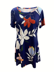 Floral Print Crew Neck Dress Short Sleeve Casual Dress Spring & Summer
