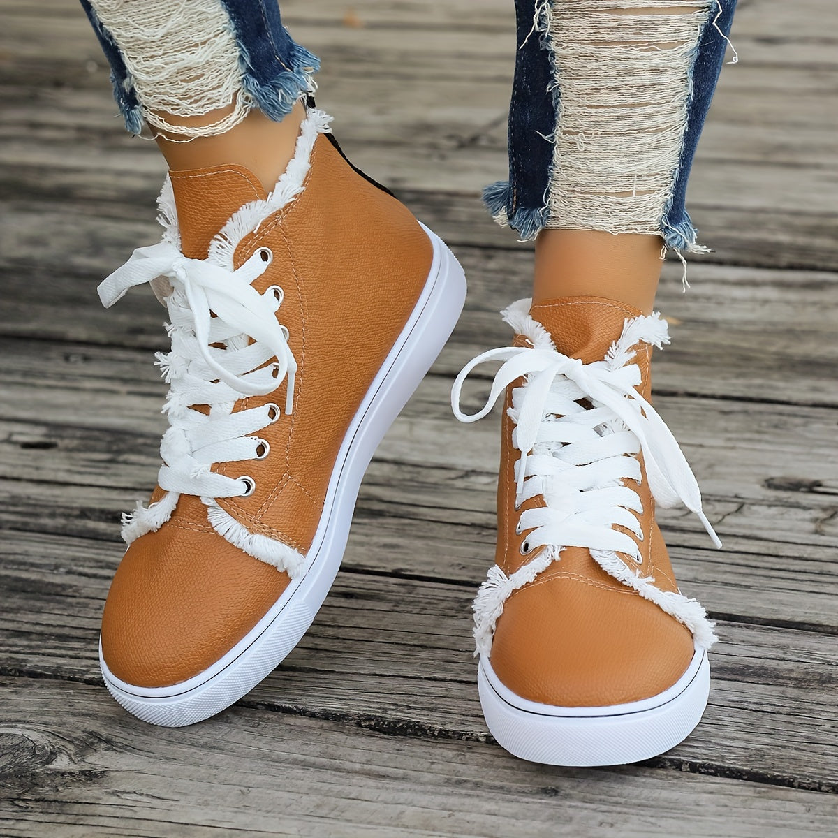 Women's Raw Trim High Lace up Canvas Shoes Round Toe Casual Walking Shoes