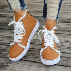 Women's Raw Trim High Lace up Canvas Shoes Round Toe Casual Walking Shoes