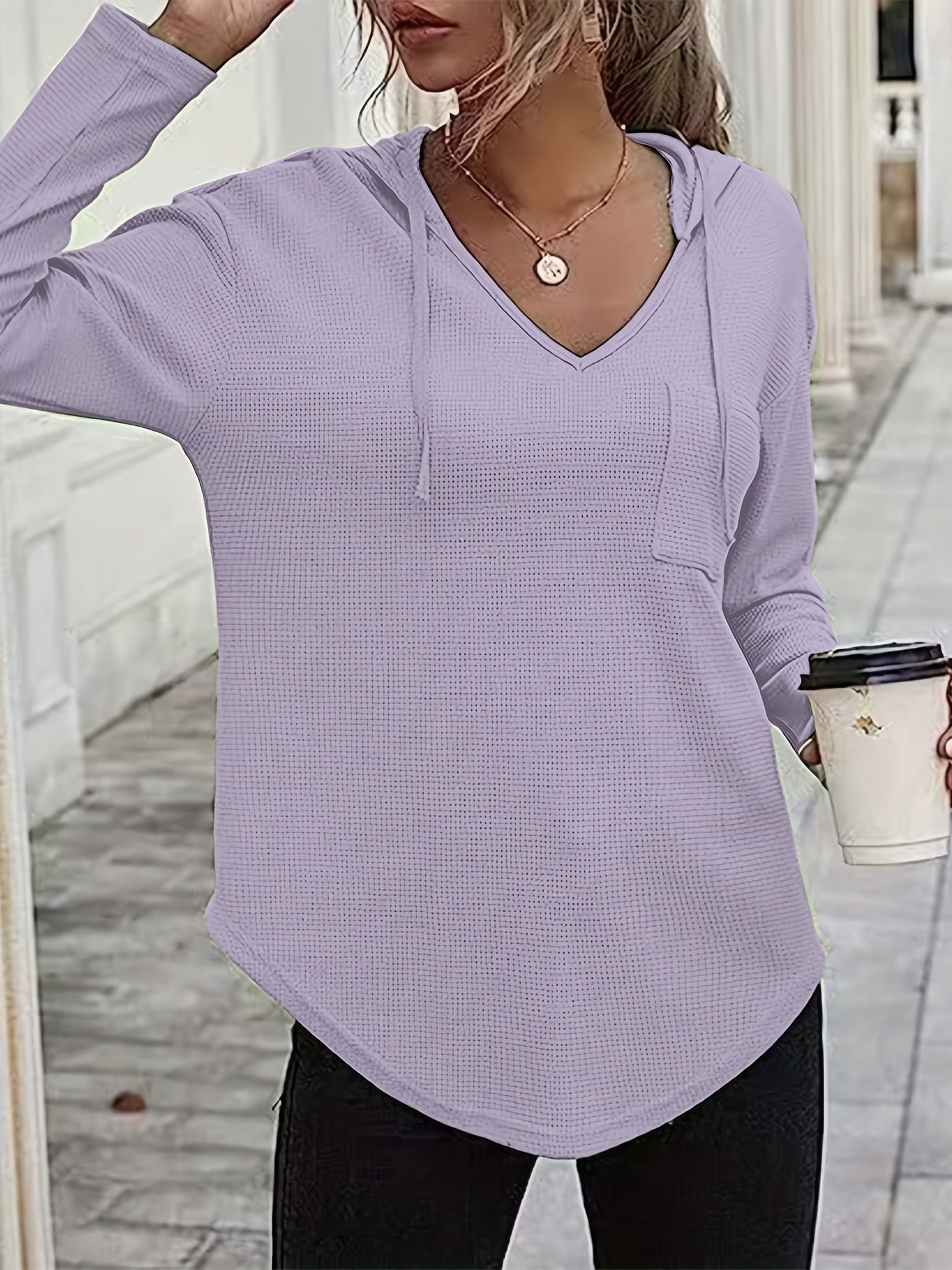 Solid Waffle Hoodies V Neck Sweatshirt With Drawstring