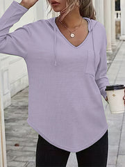 Solid Waffle Hoodies V Neck Sweatshirt With Drawstring