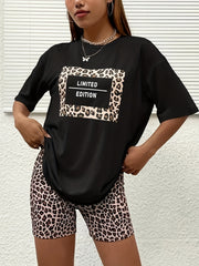 Leopard Print Lounge Set Short Sleeve Crew Neck Top & Elastic Waistband Shorts