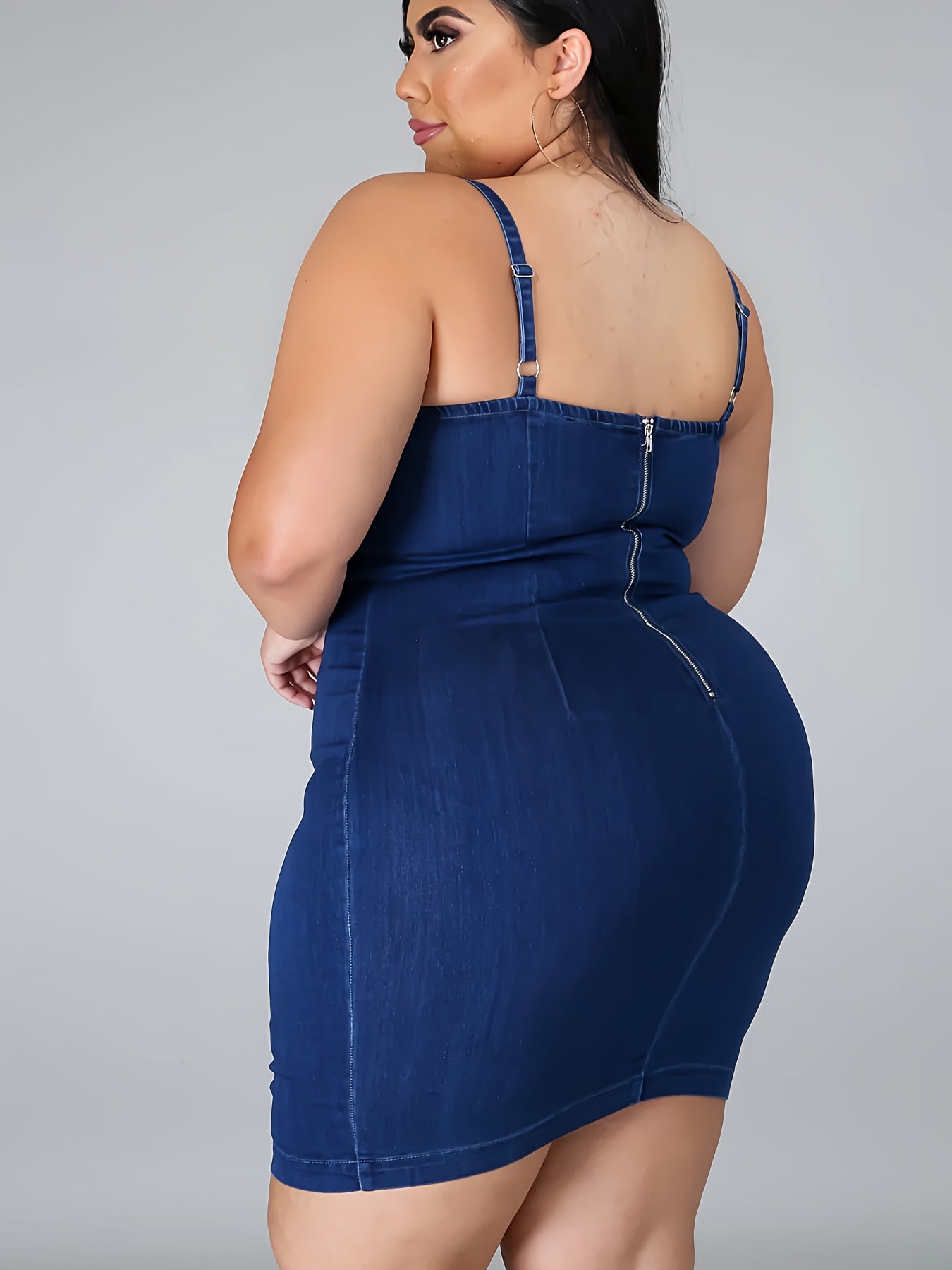 Sexy Plus Denim Dress Solid Scoop Neck Bodycon Mini