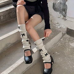 Bow Rib Knit Leg Warmers & Knee High Socks Women's Stockings
