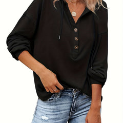 Solid Half Button Hoodie Long Sleeve Drawstring Hoodies