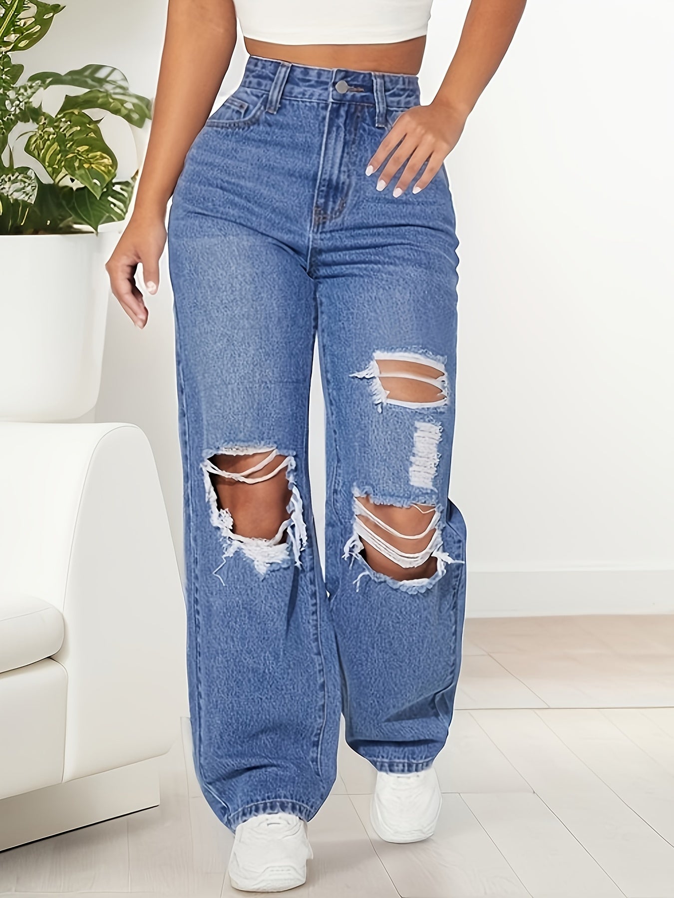 Ripped Water Ripple Loose Denim Pants Knee Cut High Waist Jeans