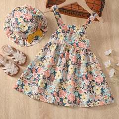 Toddler Girls Flowers Bow Back Cami Dress & Hat Set for Party Beach Vacation
