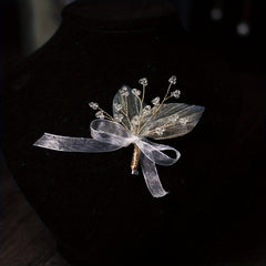 Leaf Shape Brooch Pin With Crystal Beads Mesh Bowknot Brooch