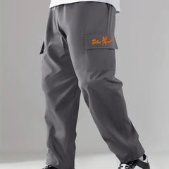 Letter Print Cargo Pants Men's Stretch Pocket Casual Pants