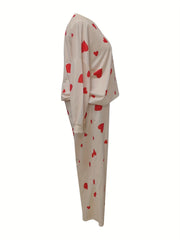 Heart Print Pullover Top & Drawstring Pants 2 Piece Set