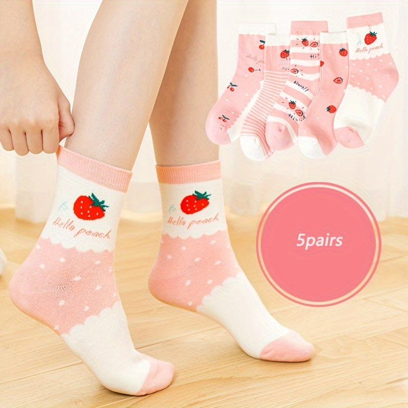 Girl's Cartoon Strawberry Striped Knitted Socks, 5 Pairs
