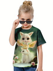 Girls 3D Cartoon Fox Wings Graphic Short Sleeve T-shirt Top For Summer Sports