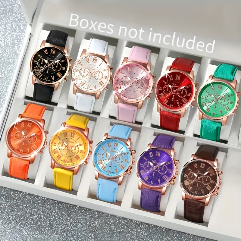 2pcs Quartz Watch Set Round Zinc Alloy Case PUPU PU Leather Strap No Required