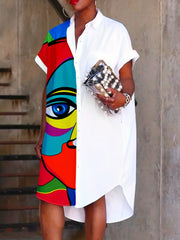 Print Button Front Shirt Dress Rolled Short Sleeve