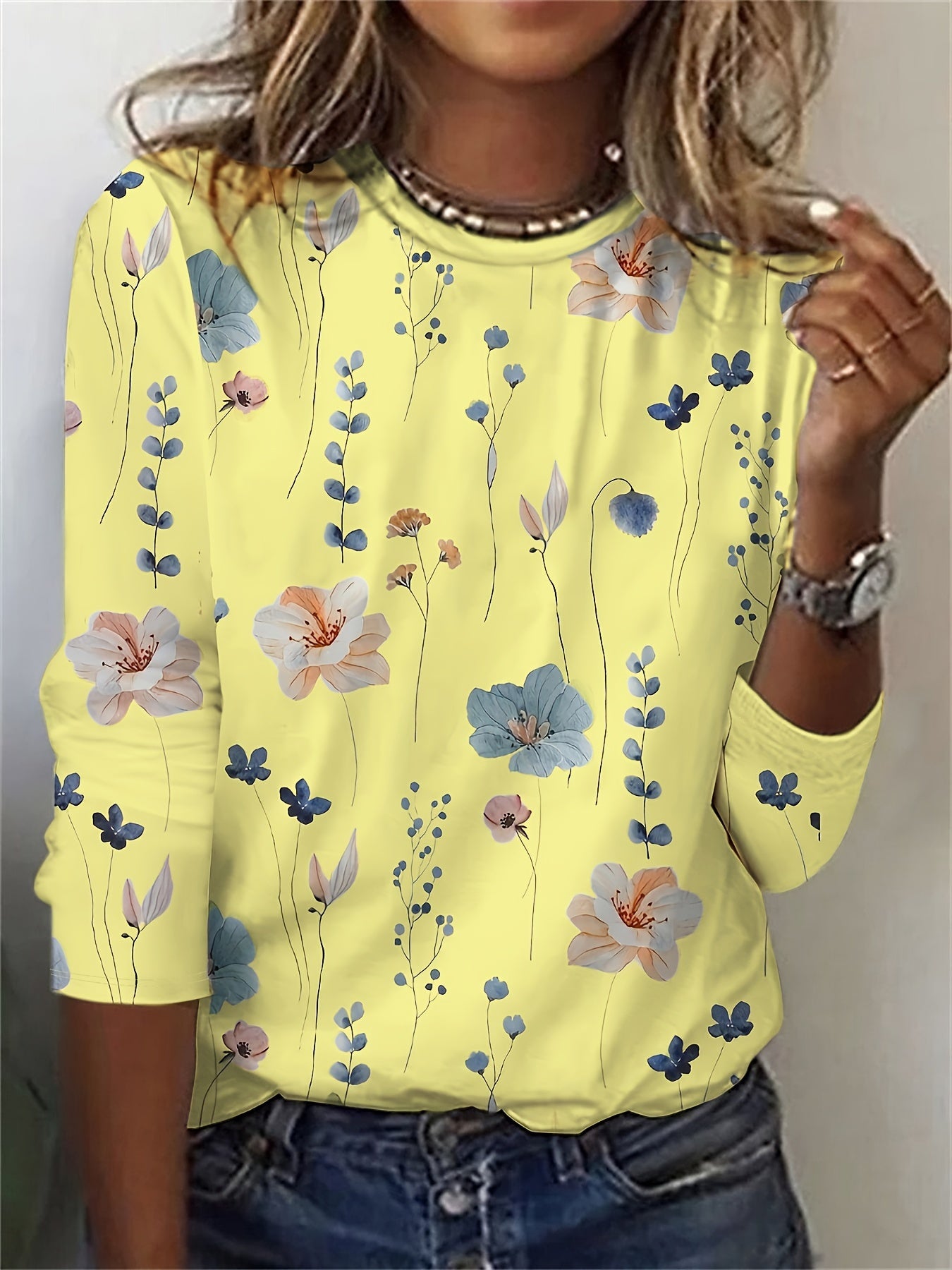 Floral Print Crew Neck Sweatshirt for Spring & Fall Women's Clothing