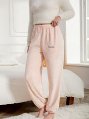 Letter Embroidery Lounge Pants Warm & Soft Fuzzy Elastic Waistband
