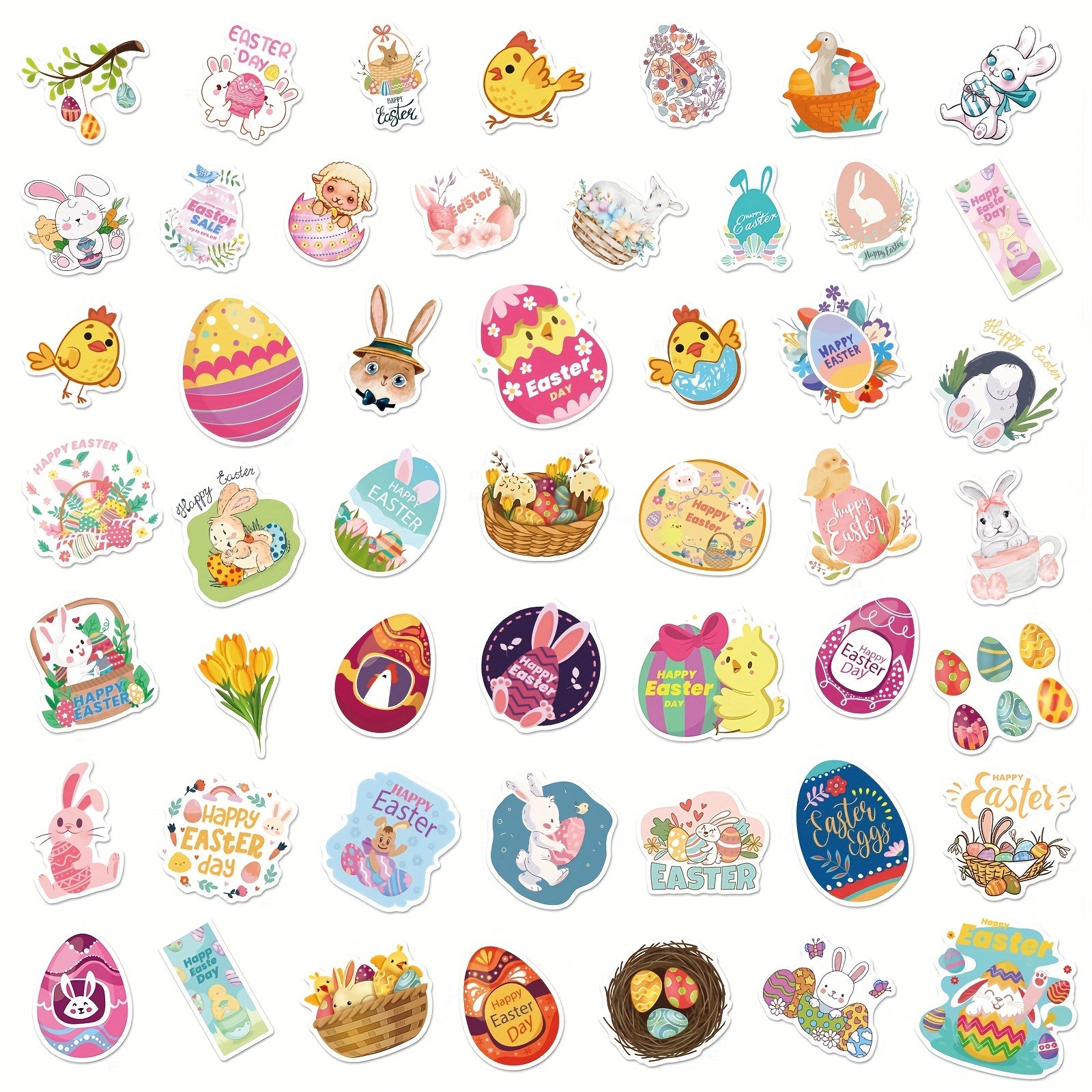 50pcs Easter Cartoon Stickers Mix & Match Bunny Eggs Doodle DIY Decoration