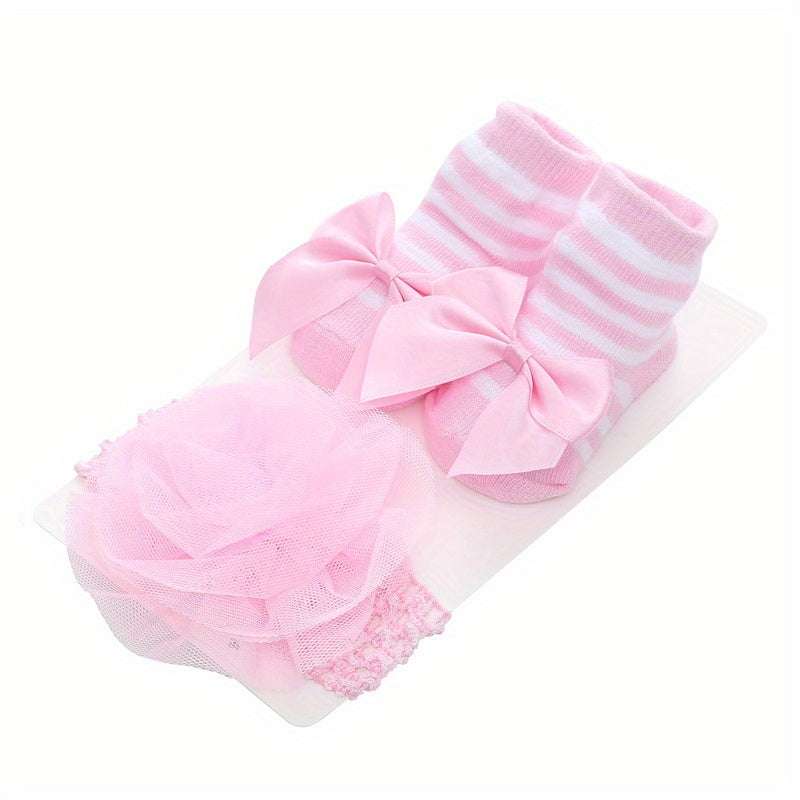 2pcs Newborn Girls Socks & Headband Set - Cotton Princess Crew Socks & Headwear
