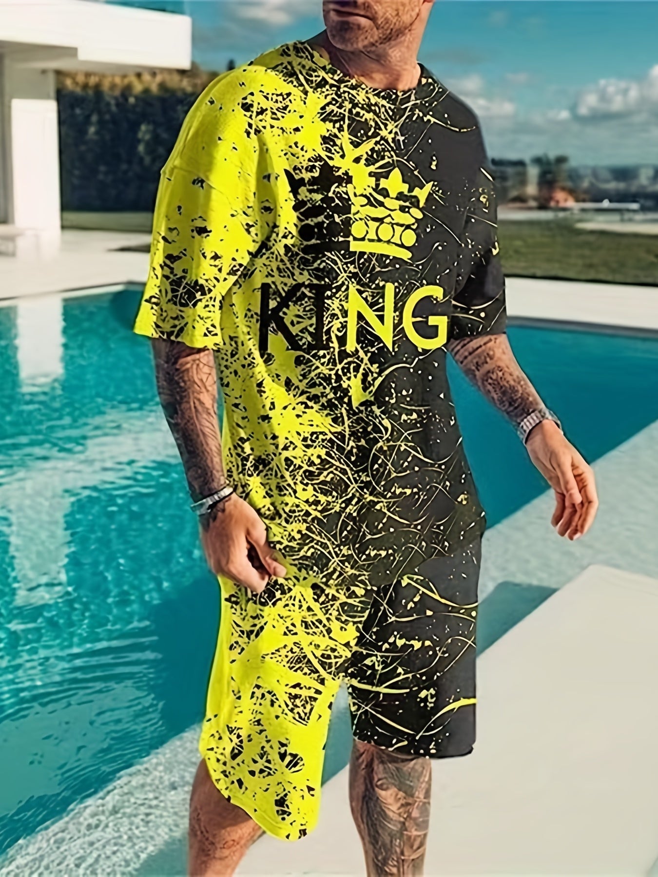 Men's King Print Tee & Shorts Set for Summer Outdoor